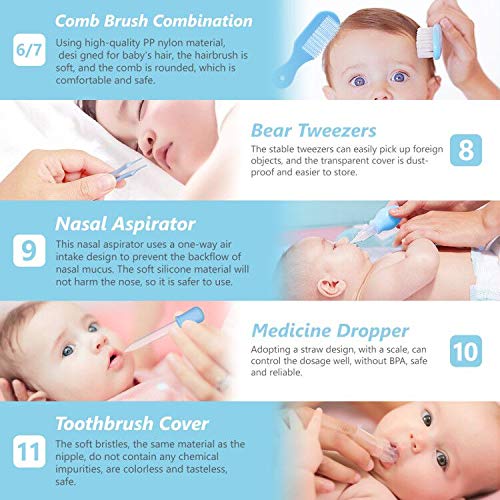 Baby Grooming Kit, Portable Baby Safety Care Set with Hair Brush Comb Nail Clipper Nasal Aspirator etc for Nursery Newborn Toddlers Infant Girl Boys Keep Clean (11 in 1 Blue) 11 in 1 Blue