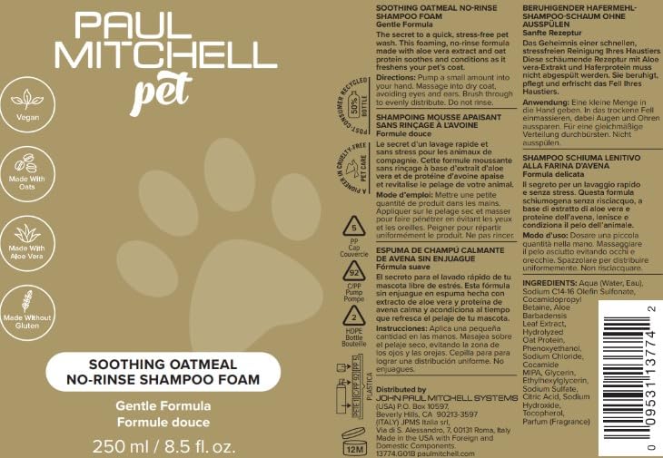Paul Mitchell Pet Soothing Oatmeal Waterless No-Rinse Shampoo Foam, Gentle Formula, 8.5 fl.oz - PawsPlanet Australia