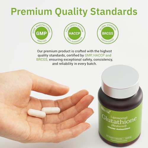 Liposomal Glutathione Supplement (Reduced), 500mg Glutathione Skin Whitening - 10x Higher Absorption, Antioxidant & Detox, Vegan-Friendly Formula, 60 Capsules (Pack of 1)