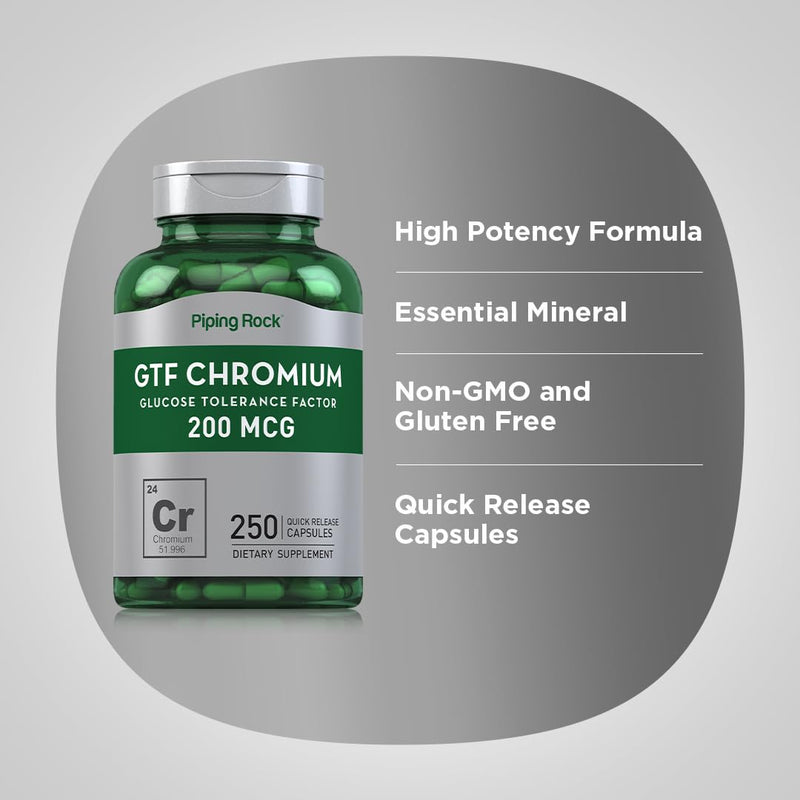 [Australia] - Piping Rock GTF Chromium 200 mcg | 250 Capsules | Glucose Tolerance Factor | Non-GMO, Gluten Free Supplement 
