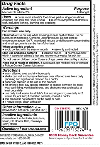 LEADER Athlete's Foot Powder Spray, Cools& Soothes Feet, Talc-Free, 4.6 oz, Compare to Lotrimin AF 4.6 Ounce (Pack of 1)