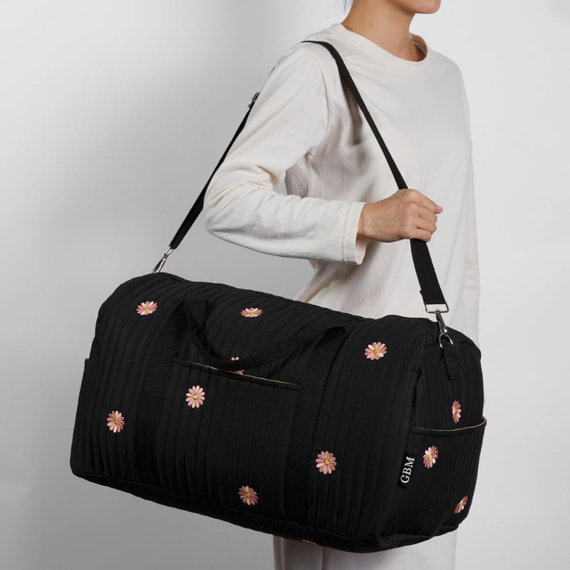Women’s Travel Duffel Bag – Large Weekender & Overnight Travel Bag with Wet Pocket, Carry-On Friendly, Ideal as Hospital or Maternity Bag for Labor and Delivery Large - Black Flowers