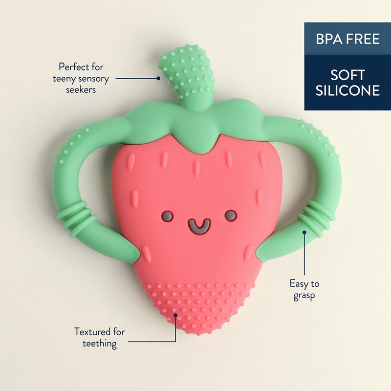 [Australia] - Itzy Ritzy Strawberry-Shaped Baby Teether with Handles; Silicone Teether for Babies with Easy-Grab Handles and Textured, Teethable Surfaces - Baby Teething Toy for 3 Months & Up (Strawberry) 