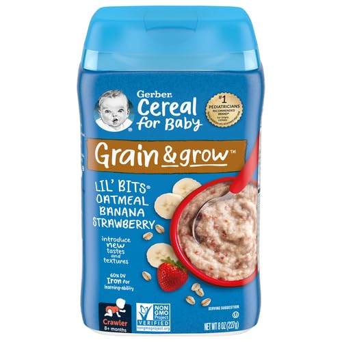 Gerber 3rd Foods Cereal for Baby Grain and Grow Lil' Bits Baby Cereal, Banana Strawberry Oatmeal, 8oz Canister