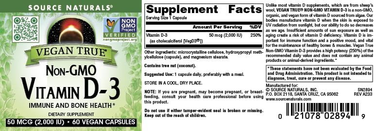 Source Naturals Vegan True, Vitamin D-3, 2,000 IU - 60 Vegan Capsules | Non-GMO | Immune and Bone Health* 60 Count (Pack of 1)