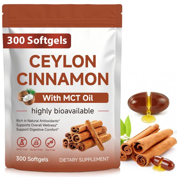 Ceylon Cinnamon Softgels with MCT Oil – 600mg Cinnamomum Verum Extract, Easily Absorbed Formula for Daily Wellness Support,300 Softgels, Non-GMO, Gluten Free Food Supplement 1 count (Pack of 300)