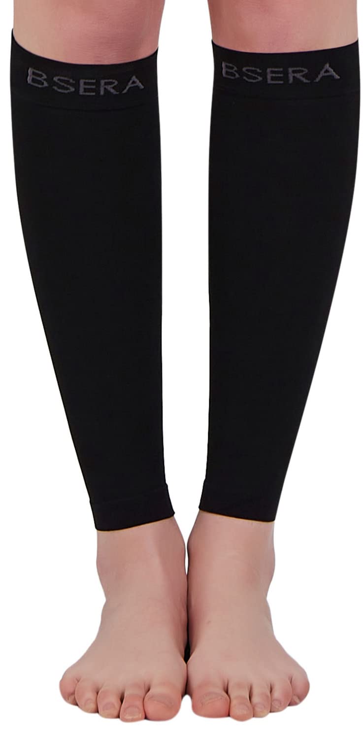 BSERA Calf Compression Sleeve Women, 2 Pairs 15-20mmHg Calf Support Footless Compression Socks Stockings for Shin Splints, Varicose Veins, Recovery (Black, Medium) Black 2 Pairs Medium(Calf 13"-15")