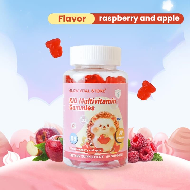 Kids Multivitamin Gummies – Vitamins A, C, D3, B6, B12 for Immune & Brain Support – Raspberry & Apple Flavor – Vegan, Non-GMO, Gluten-Free – 60 Gummies – Glow Vital Store (1) 1