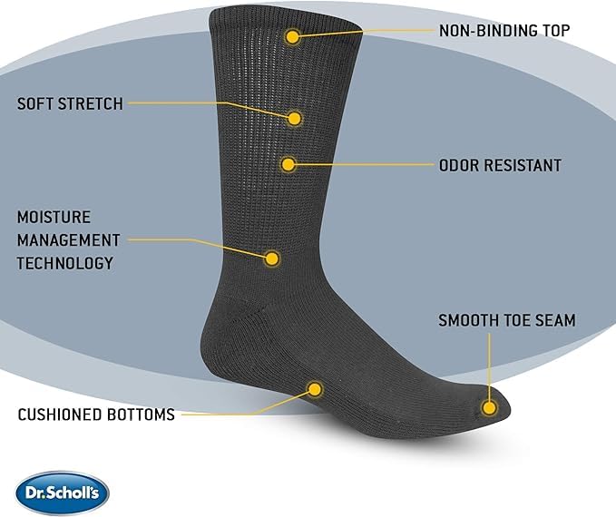 [Australia] - Dr. Scholl's Men's Diabetes & Circulator Socks-4 & 6 Pair Packs-Non-Binding Moisture Management 7-12 Black - Crew (6 Pairs) 