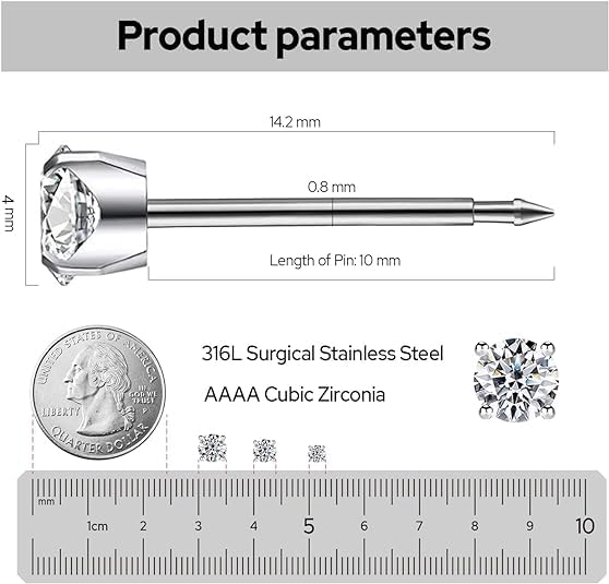 Ear Piercing Kit | Disposable Ear Piercing Gun Kit Made in 316L Surgical Stainless Steel with 4mm - 4prong Cubic Zirconia | At Home Self Piercing Kit with Earrings Studs