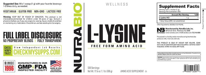 [Australia] - NutraBio L-Lysine Powder - Pure Grade Amino Acid - 500 Grams - Essential Amino Acid - Non-GMO - Gluten-Free - Vegan 