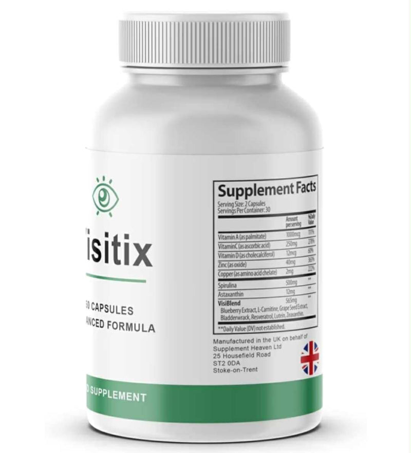 Visitix Eye Health Food Supplement – Advanced Formula with Vitamins A, C, D, Zinc, Lutein & Astaxanthin – 60 Capsules – Vegan – Made in the UK