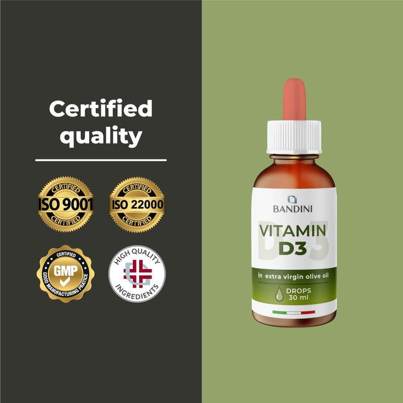Bandini® Vitamin D3 Drops - 2000 IU per Drop | Liquid Vitamin D Supplement in Extra Virgin Olive Oil | Supports Normal Bones, Teeth and Immune System | High Bioavailability | 30ml - 840 Drops