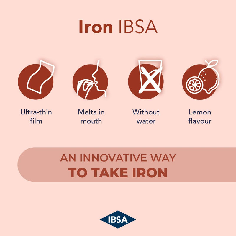 Iron IBSA | 20 Orodispersible Films | Food Supplement Based on Iron and Folic Acid, which contribute to The Normal Function of The Immune System and Help Reduce Tiredness.