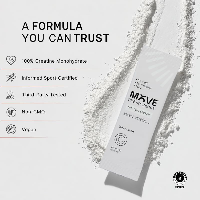 Move Pure Creatine Monohydrate Powder - Unflavoured Pure Creatine Powder Supplement for Women & Men - Micronised Vegan Creatine Improves Strength,Power & Recovery 300g (30 Creatine Sachets) 30 Creatine Sachets