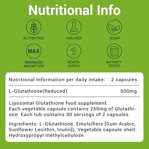 Liposomal Glutathione Supplement (Reduced), 500mg Glutathione Skin Whitening - 10x Higher Absorption, Antioxidant & Detox, Vegan-Friendly Formula, 60 Capsules (Pack of 1)