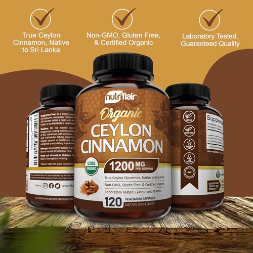 NutriFlair Organic Ceylon Cinnamon Supplement 1200mg, 120 Capsules - USDA Certified - Non-GMO, Gluten Free Powder, Antioxidant Pills 120 Count (Pack of 1)
