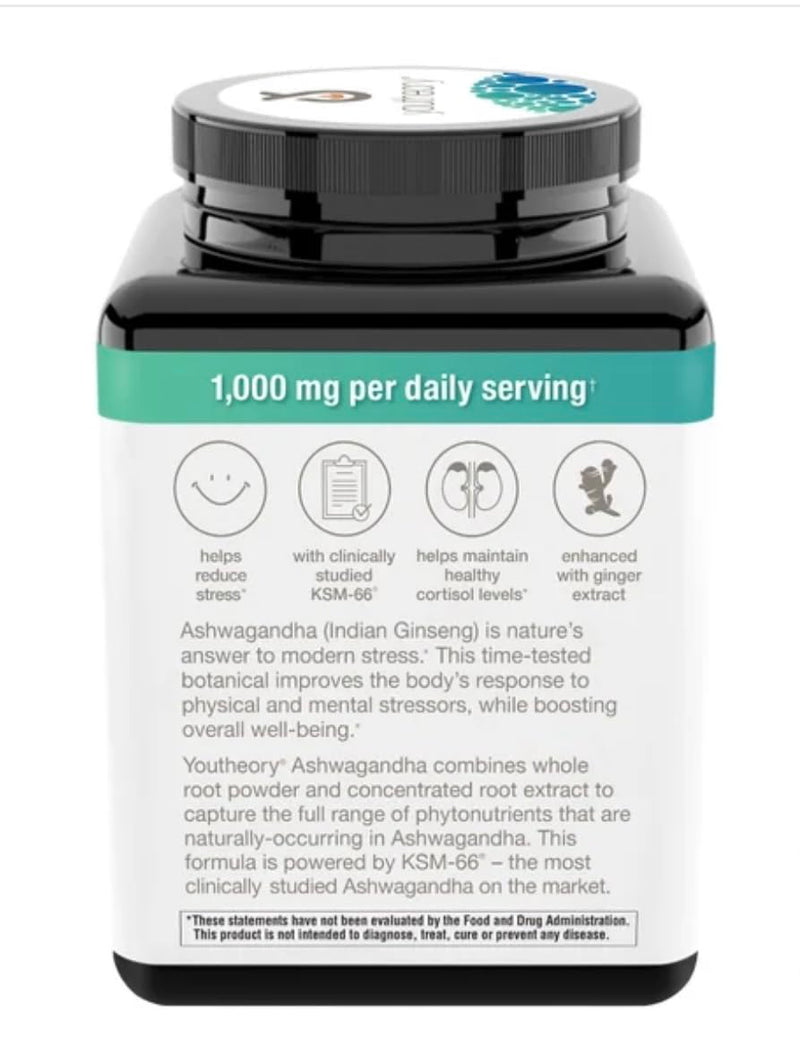 [Australia] - Youtheory Ashwagandha 1000mg with KSM-66 - Helps Support a Healthy Stress Response,180 Capsules (Pack of 1) 