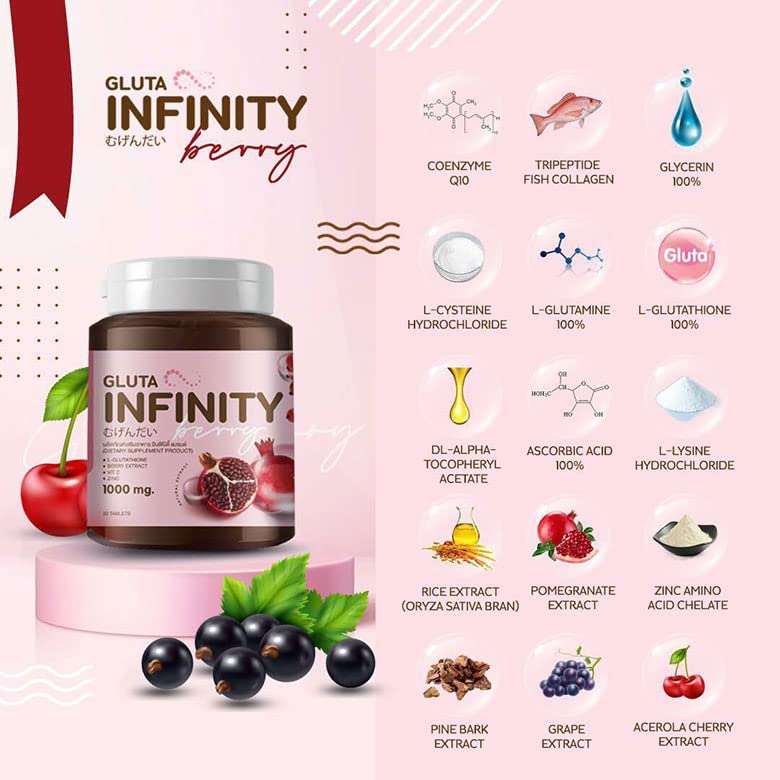 Gluta Infiniy 1000mg L-Glutathione Supplement Tripeptide Fish Collagen L-Glutamine Ascorbic Acid Cherry Grape & Pomegranate Extract Skin Nourishing Supplement Remove Acne Scar Freckles 30 Tablets