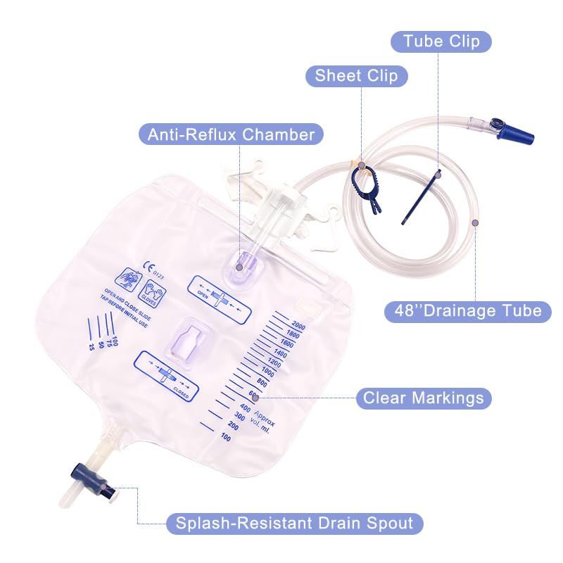 [Australia] - 5 packs Urinary Drainage Bag with Anti-Reflux Chamber, adult Urine Bag with 2000 mL Volume, Professional Urinary Bag for Home and Hospitals Health Aids 5 