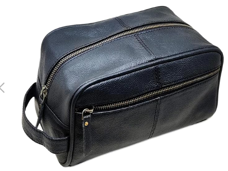 Black Genuine Buffalo Leather Toiletry Bag for Men & Women – Vintage Dopp Kit Wash Bag Travel Organiser – Handmade Leather Shaving Kit Bag with Handle – Luxury Gift