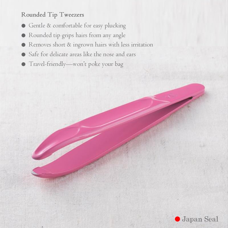 Glasoft Rounded Tip Tweezers for Nose Ear and Facial Hair Removal Lightweight 3.74 Inch Stainless Steel Safe Tool for Sensitive Skin Travel Friendly Pink Made in Japan
