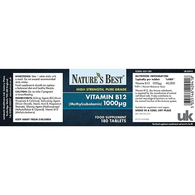 Nature's Best Vitamin B12 (Methylcobalamin) 1,000µg - High Strength Supplement - Immune Support - UK Made - 180 Tablets (6 Months' Supply)