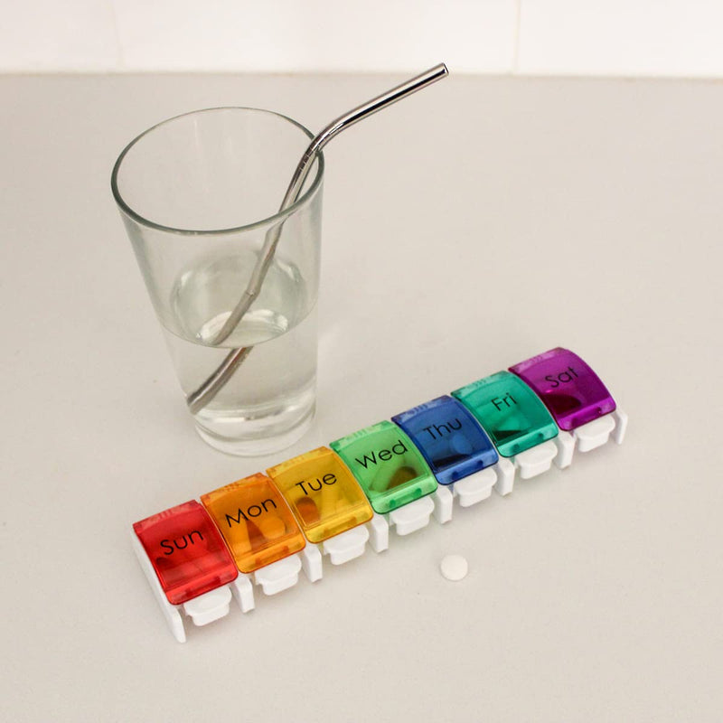EZY DOSE Weekly (7-Day) Pill Planner, Medicine Case, Vitamin Organizer Box, Large Push-Button Compartments, Rainbow Lids (Pack of 2) Large 6"x1.3"x0.9" (Pack of 2)