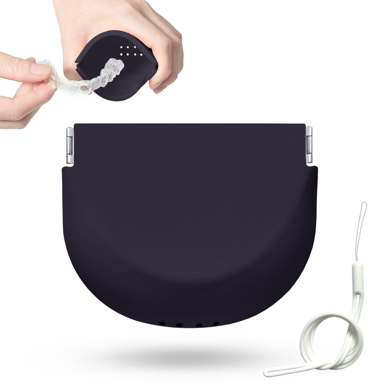 Silicone Retainer Case Soft Upgraded Cute Aligner Case Slim Partial Denture Case Container Holder Night Guard Braces Case with Lanyard for Girl Women Men Travel (Black) Black