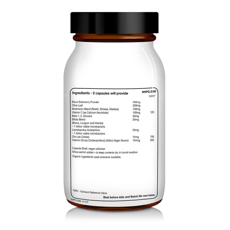 NHP Advanced Immune Support Supplement 60 Vegan Capsules – Elderberry Mushroom Complex with Probiotics Vitamin D3 Zinc & Beta Glucans for Daily Defence Gut Health Energy & Wellness