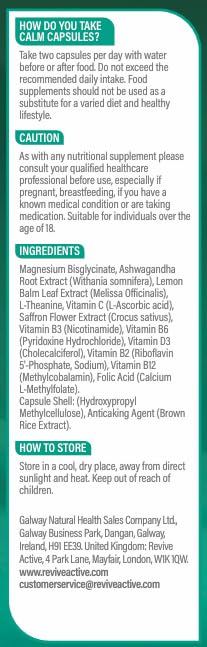 Revive Active Calm Capsules - 12 Active Ingredients - Ashwagandha with Essential Vitamins and Magnesium - Supports Energy Levels, Nervous System, Relaxation & Mood - 60 Capsules