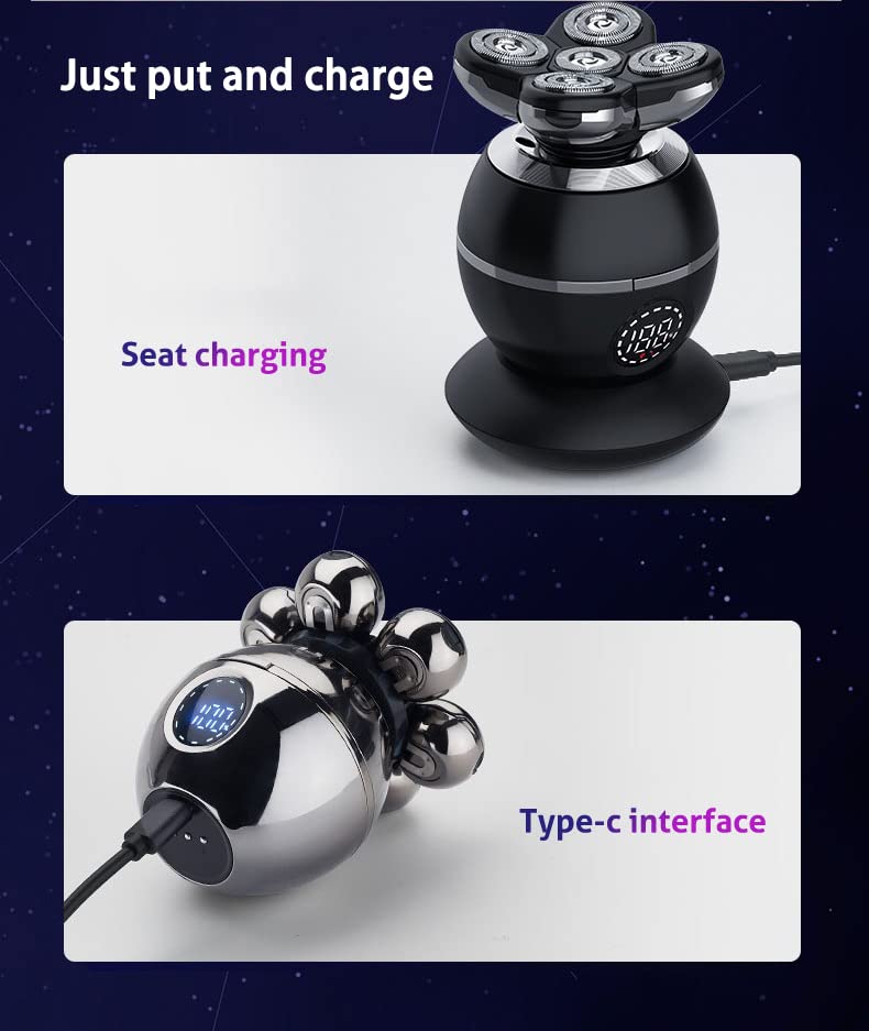 [Australia] - Upgrade 5-in-1 Electric Head Shaver for Men, LED Display, Multifunctional Cordless IPX7 Waterproof Rotary Grooming Kit 5 Heads 
