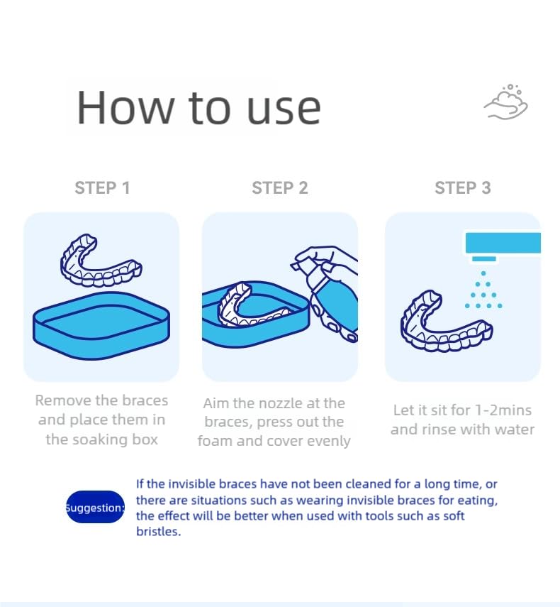 YANDY Braces Cleaning Foam,Cleaner Compatible Invisible and All Clear Aligners & Retainers,Fights Bad Breath,Comes with soaking box-70ml
