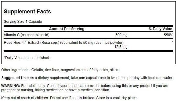 Swanson Vitamin C with Rose Hips for Immune Support, 500 mg, 100 Capsules | Vitamin C with Rose Hips for Immune, Skin and Cardiovascular Health; Antioxidant Support in a Plant-Based Formula 100 Count (Pack of 1)