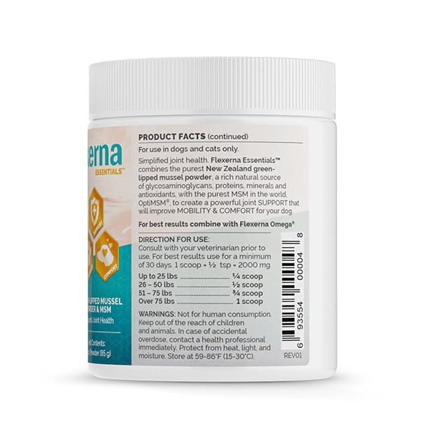 Flexerna Essentials Green Lipped Mussel Powder & MSM for Dogs - Natural Dog Joint & Mobility Support - Natural Glucosamine Chondroitin + Omega-3 Fatty Acids - Anti-Inflammatory - 3 Oz - PawsPlanet Australia