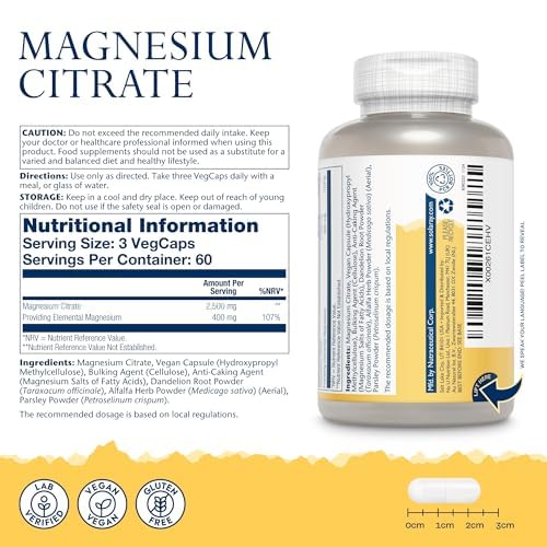 Solaray Magnesium Citrate 400mg Elemental Magnesium per Serving - 180 Vegan Capsules - High Strength Supplement - Energy, Muscle, Nervous System Support - Lab Verified