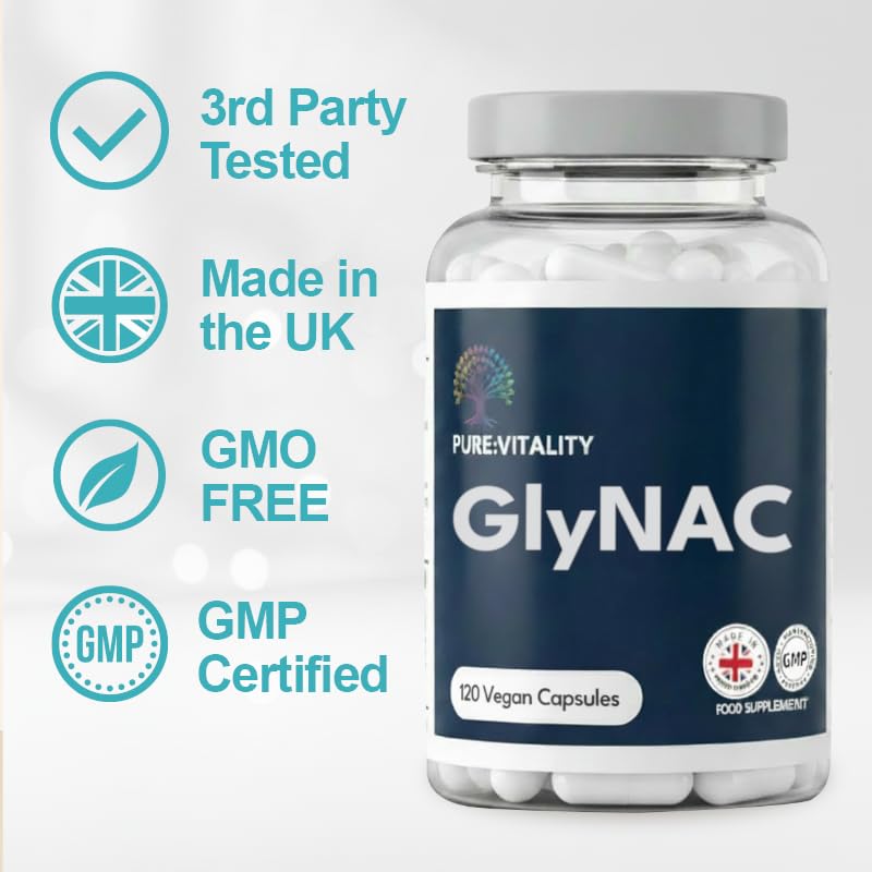 Pure:Vitality GlyNAC - 120 Capsules, 1200mg GlyNAC (600mg Glycine & 600mg N-Acetylcysteine) per Serving, High Strength Glutathione Supplement, Vegan GlyNAC for Healthy Ageing (Pack of 2) 120 count (Pack of 2)