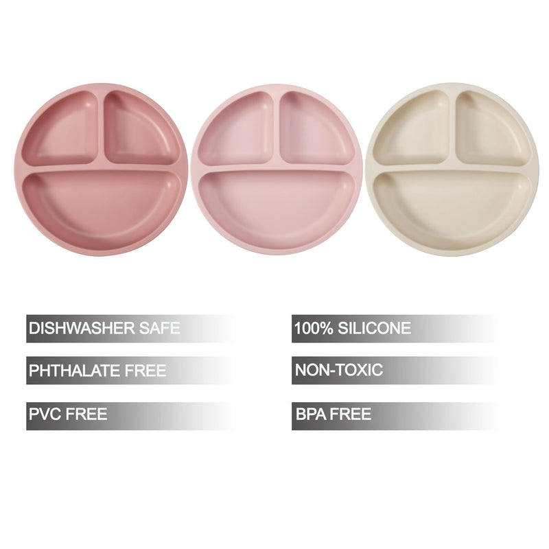 [Australia] - PandaEar 3 Pack Toddler Plates, Silicone Divided Suction Plate for Babies, BPA-Free 100% Food-Grade Silicone Unbreakable Baby Plate (Pink/Linen/Light Pink) Pink/Linen/Light Pink 