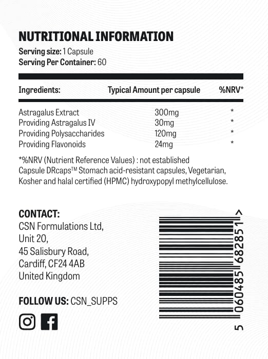 CSN Astragalus Full Spectrum 300mg Supplements | 60 Astragalus Capsules | Astragalus Supplements | 100% Vegan | 30 Day Supply