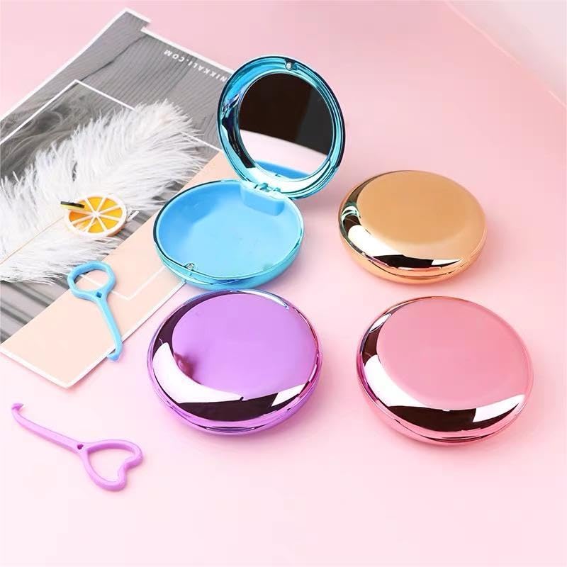 Electroplated Denture Case with Mirror, Portable Retainer Case Compatible with Transparent Braces, Mouth Guard, Orthodontic Retainers, Braces Box Organize and Protect Oral Supplies (Blue) Blue