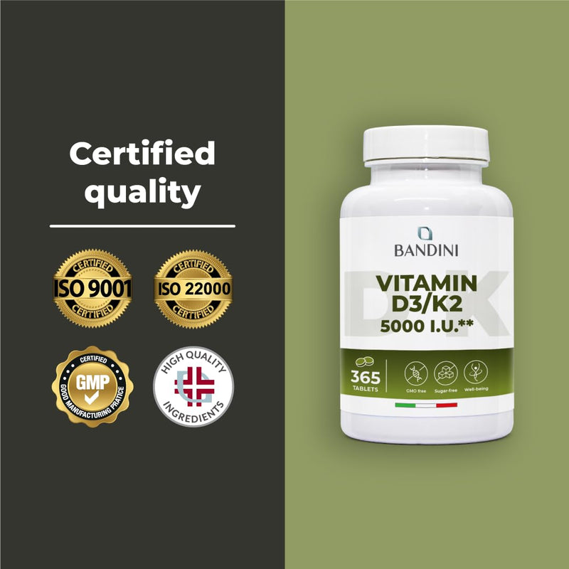 Bandini® Vitamin D3 K2 | 365 Easy-to-Swallow Tablets | 5000 IU Vitamine D 3 + 100 mcg Vitamin K2 MK-7 99% All Trans | For Bones, Teeth, Muscles, Joints & Immune System | High Strength Vegan Supplement