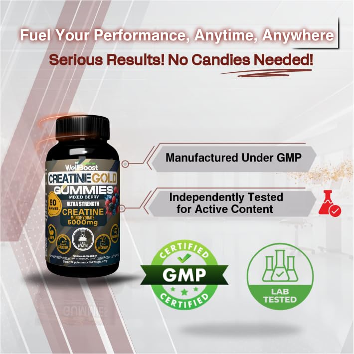 WellBoost Creatine Gold – 5000mg Creatine Monohydrate Gummies, Vegan, Sugar-Free for Lean Muscle Growth, Endurance, Recovery & Energy (90 Gummies, 1 Month Supply) with Mixed Berry Flavour G-Creatine Gold -BlueBerry 90 count (Pack of 1)