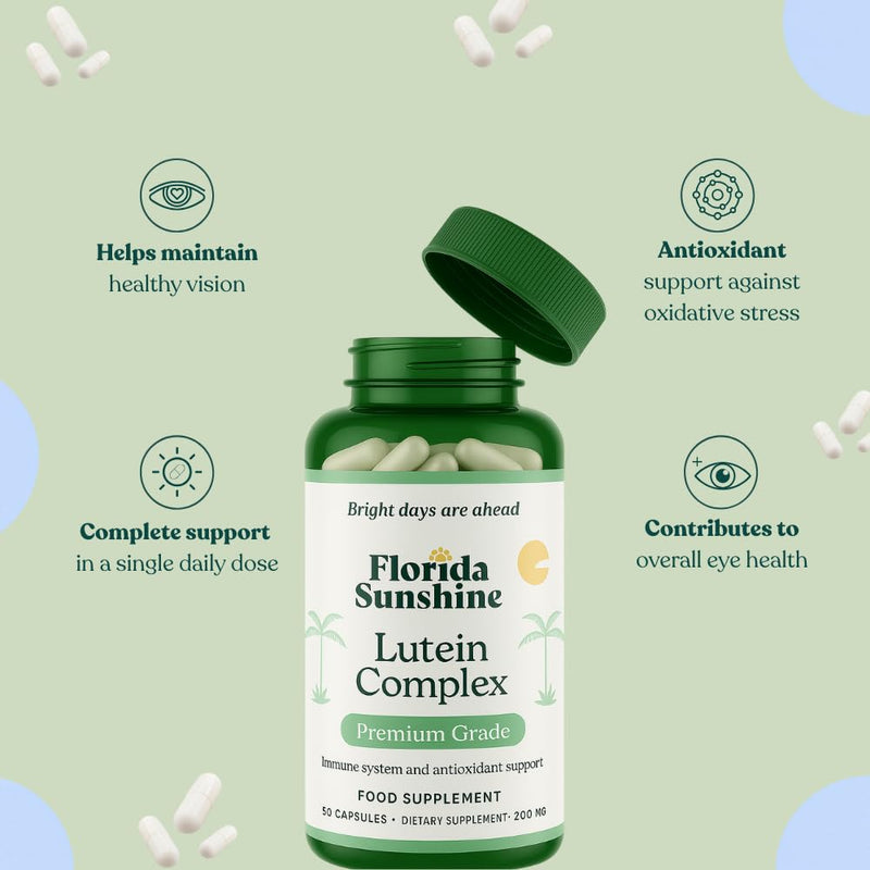Florida Sunshine Lutein Complex 200mg, 60 Capsules, Eye Health Support, Antioxidant Protection, Prevents Age-Related Macular Degeneration, Cataract Prevention, Enhanced Bioavailability with BioPerine