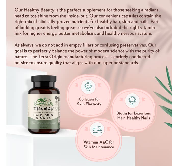 TERRA ORIGIN Healthy Hair, Skin and Nails Supplement | Collagen, Biotin, Horsetail & B-Complex | Supports Hair Strength, Skin Elasticity & Nail Growth | Vitamins for Women and Men | 60 Capsules