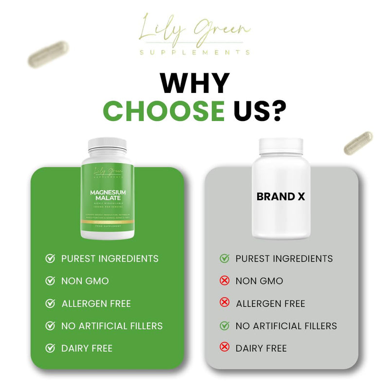 Lily Green Magnesium Malate Capsules | 1500mg per Serving for Energy, Muscle & Nerve Support | 90 Vegan Capsules | Made in UK
