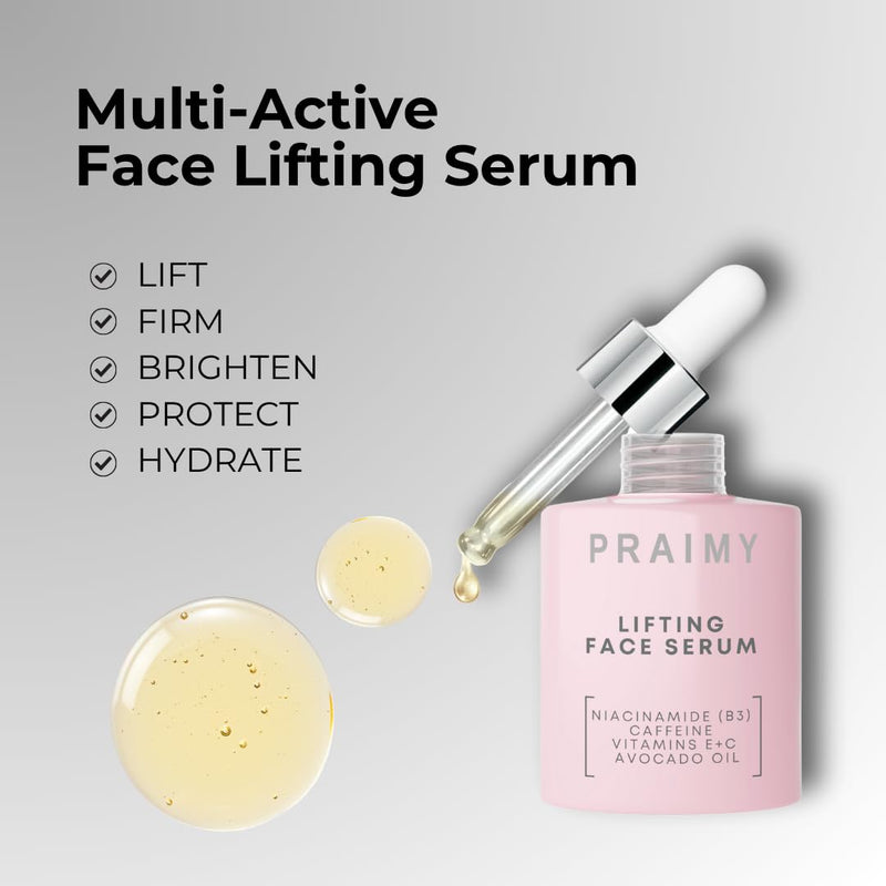 PRAIMY Lifting Face Serum with Niacinamide, Caffeine, Vitamin C & E – Nourishing Botanical Extracts, Avocado Oil, Squalane & Escin Complex for Youthful, Radiant-Looking Skin, 1 fl oz
