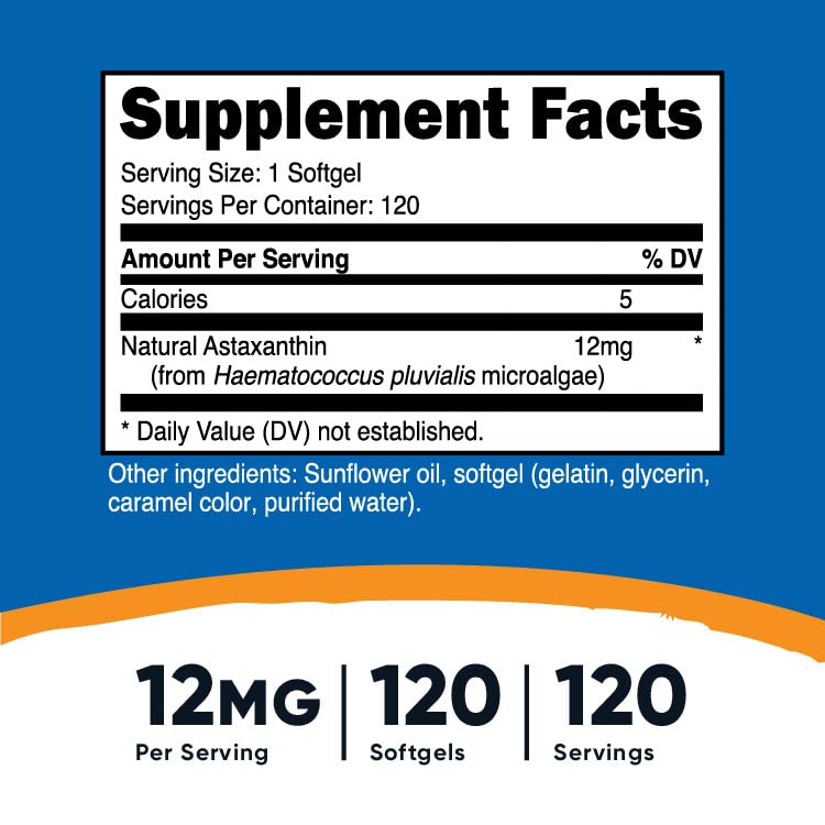 [Australia] - Nutricost Astaxanthin 12mg, Non-GMO and Gluten Free, 120 Softgels (4 Month Supply) 120 Count (Pack of 1) 
