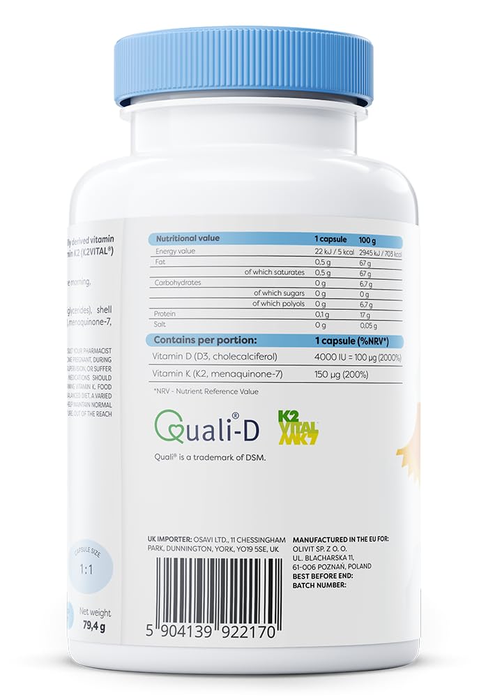 Osavi Vitamin D3 + K2, 4000 IU + 150 μg – 120 Softgels | Supports Bone, Teeth & Immune Health | High–Potency Formula with Quali®–D & K2VITAL® | MCT Oil for Optimal Absorption