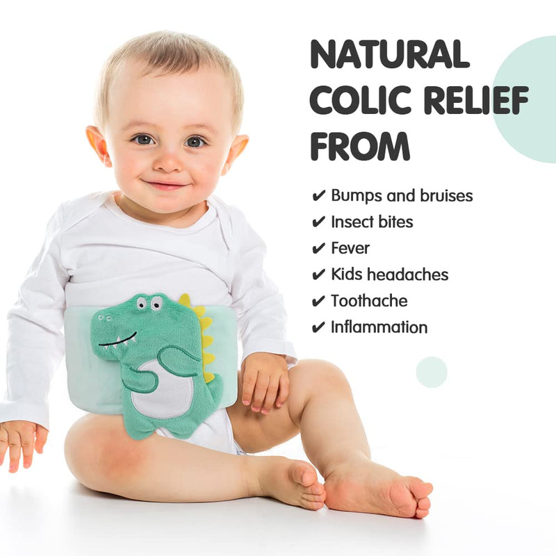 Hilph Baby Colic, Gas and Upset Stomach Relief, Heated Warmer Tummy Wrap with 2 Gel Packs for Newborns and Infants, Baby Heating Pad Swaddling Belt Natural Relief (Green Dinosaur) Green