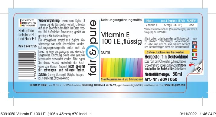 [Australia] - Fair & Pure® - Vitamin E oil 100 IU - 50ml - as D-alpha-tocopherol with lemon oil - vegan - Vitamin E drops - for internal and external use 